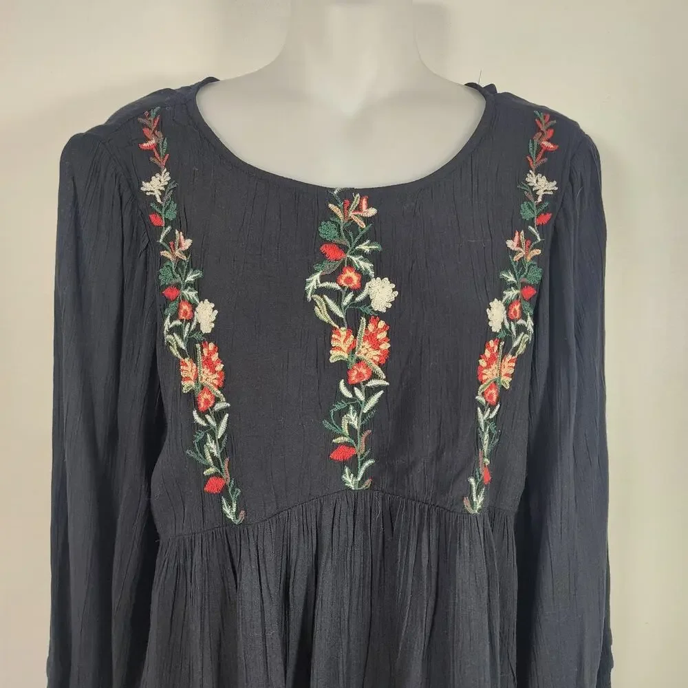 American Eagle Womens Embroidered Peasant Top Peplum Open Back Tie Black Sz XS - Picture 3 of 13